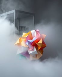 A captivating abstract composition featuring a graceful origami-style sculpture shrouded in thick fog.  Colorful 3D fluid sha