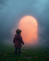 A captivating high-resolution stock photo showcasing a child's enchanting discovery: a magical portal shrouded in mystical fo