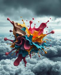 Experience the intense drama of this surreal digital art piece.  Layered papier-mâché material forms abstract, colorful 3D sp