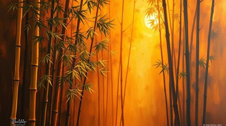 A captivating oil painting showcases a serene bamboo forest illuminated by a warm sunset.  The artwork features a rich golden