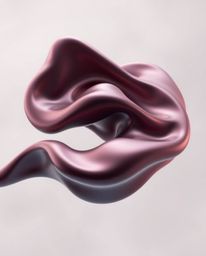 A captivating 3D render showcases smooth, metallic fluid shapes gracefully floating in zero gravity. The artwork boasts a sop