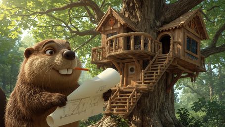 A highly detailed, high-resolution stock photo of a beaver, reminiscent of Pixar's lovable characters, busily constructing th