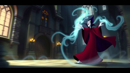Witness a classic Disney villain in dynamic motion, conjuring a spell within the walls of a mystic old castle.  The scene evo