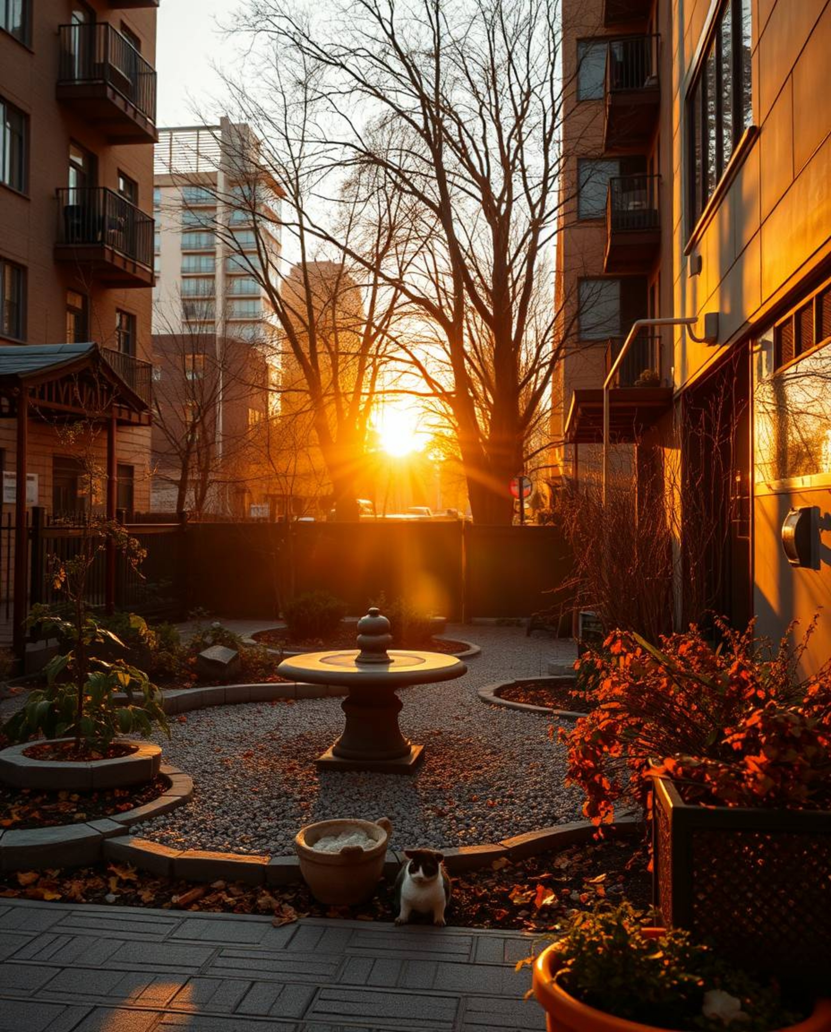 A candid street photograph depicting a serene Zen garden at sunset, bathed in warm autumnal colors. The urban scene features 
