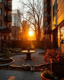 A candid street photograph depicting a serene Zen garden at sunset, bathed in warm autumnal colors. The urban scene features 
