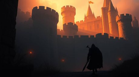 A thief, shrouded in shadow, undertakes a daring infiltration of a heavily guarded castle. The scene is bathed in warm, soft 