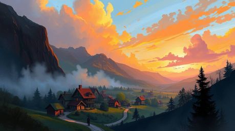 A captivating digital sketch depicts a cozy village nestled in a valley, bathed in the vibrant hues of a colorful sky.  Loose
