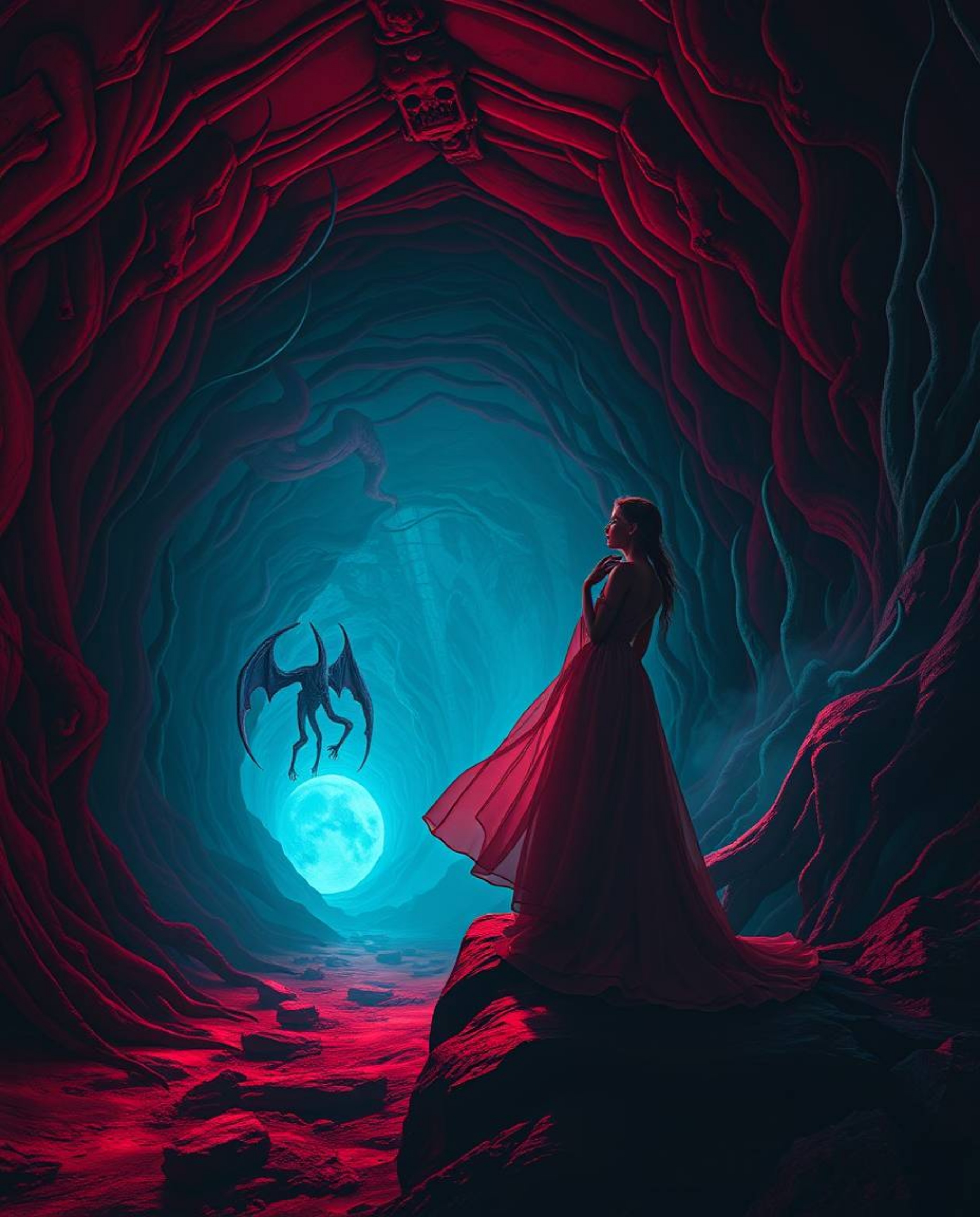A captivating surreal portrait showcases an elegantly posed figure standing at a tunnel's edge, gazing towards a radiant ligh