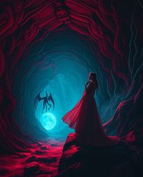 A captivating surreal portrait showcases an elegantly posed figure standing at a tunnel's edge, gazing towards a radiant ligh