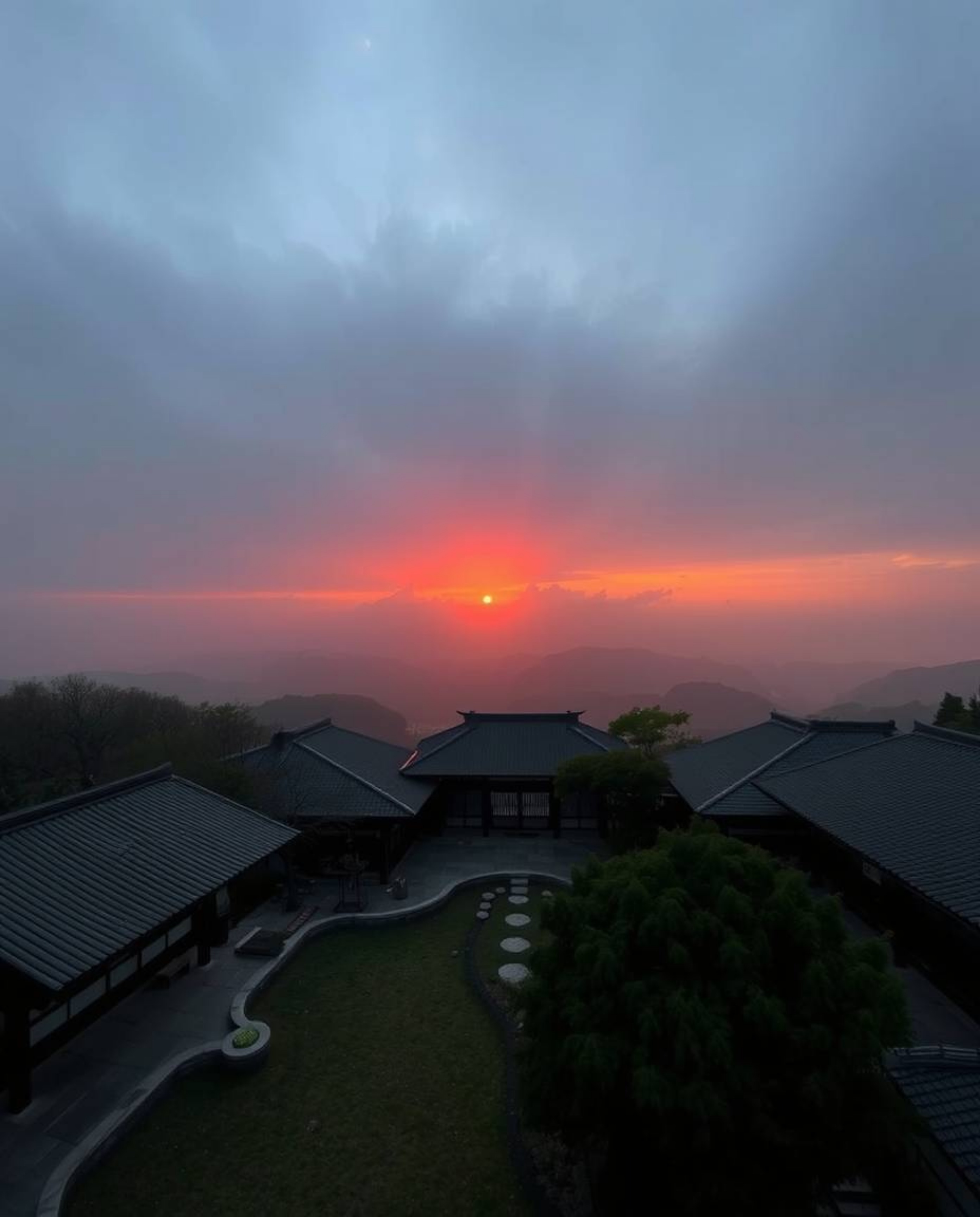 Capture a serene Zen garden at sunset from a high-angle perspective, emphasizing a strong, moody style. This elevated viewpoi