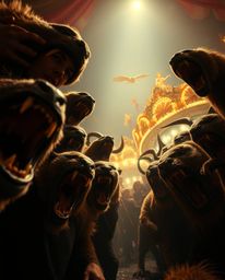 A visually stunning and chaotic scene depicts a carnival overrun by wild animals. The image is characterized by strong, hard 