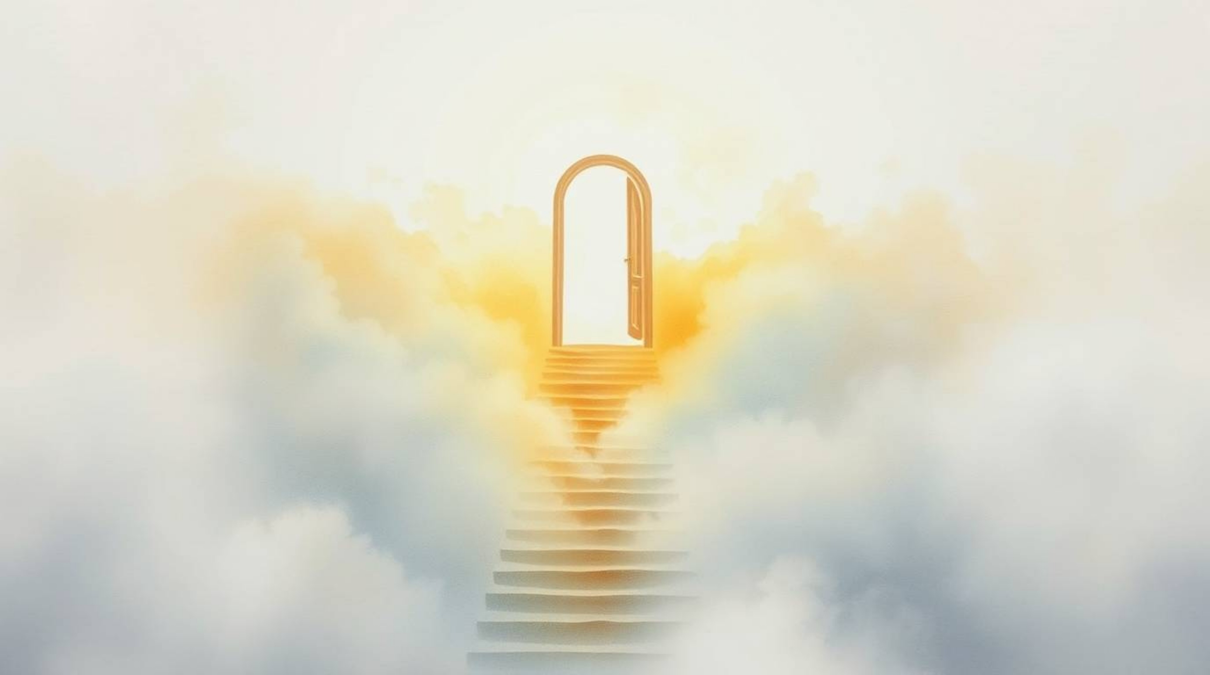 A breathtaking watercolor painting depicts a heavenly gate shrouded in thick fog, above a sea of clouds.  Stairs lead upwards