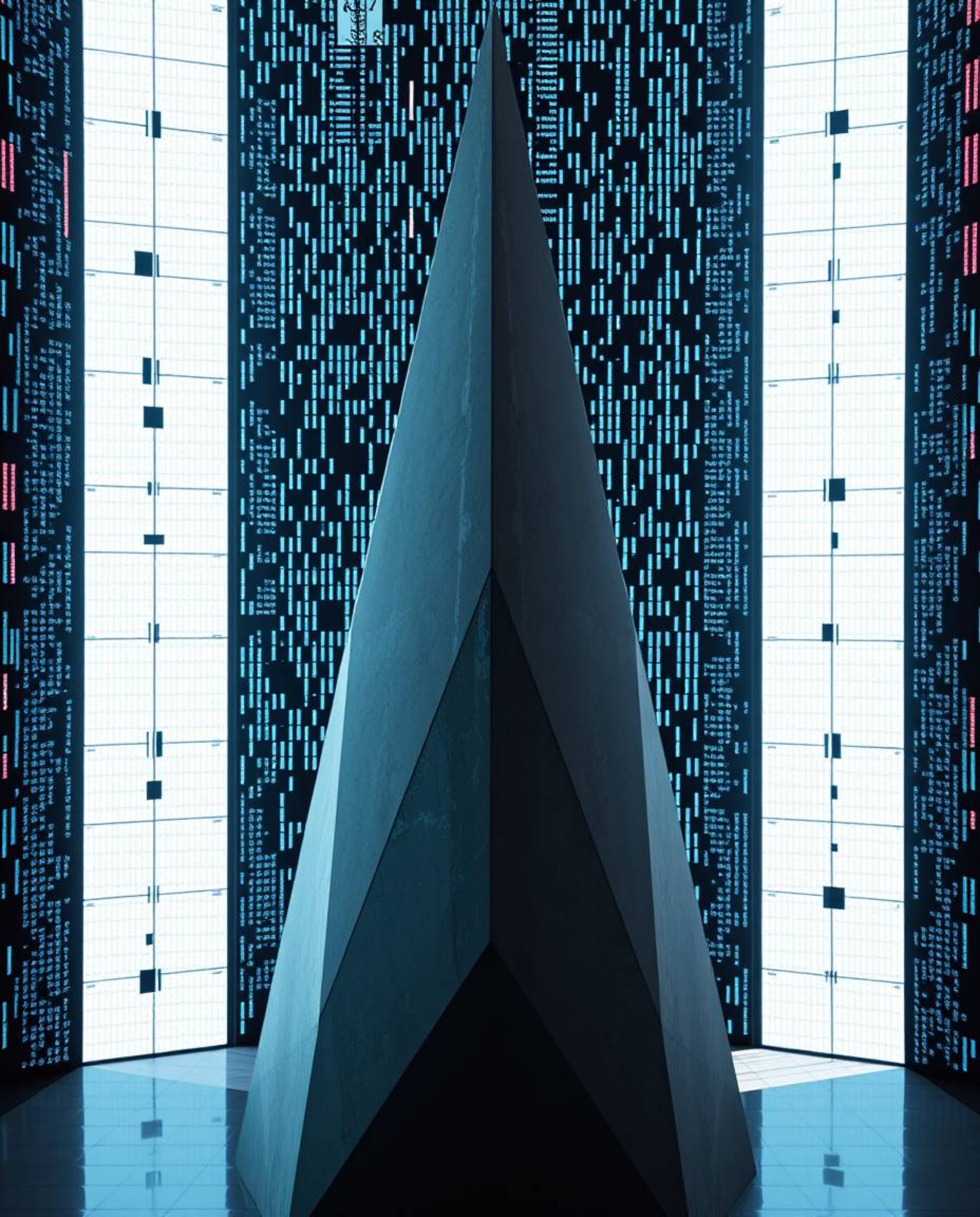 This precisely detailed architectural photograph showcases glitched geometric shapes floating against a bright, back-lit cybe