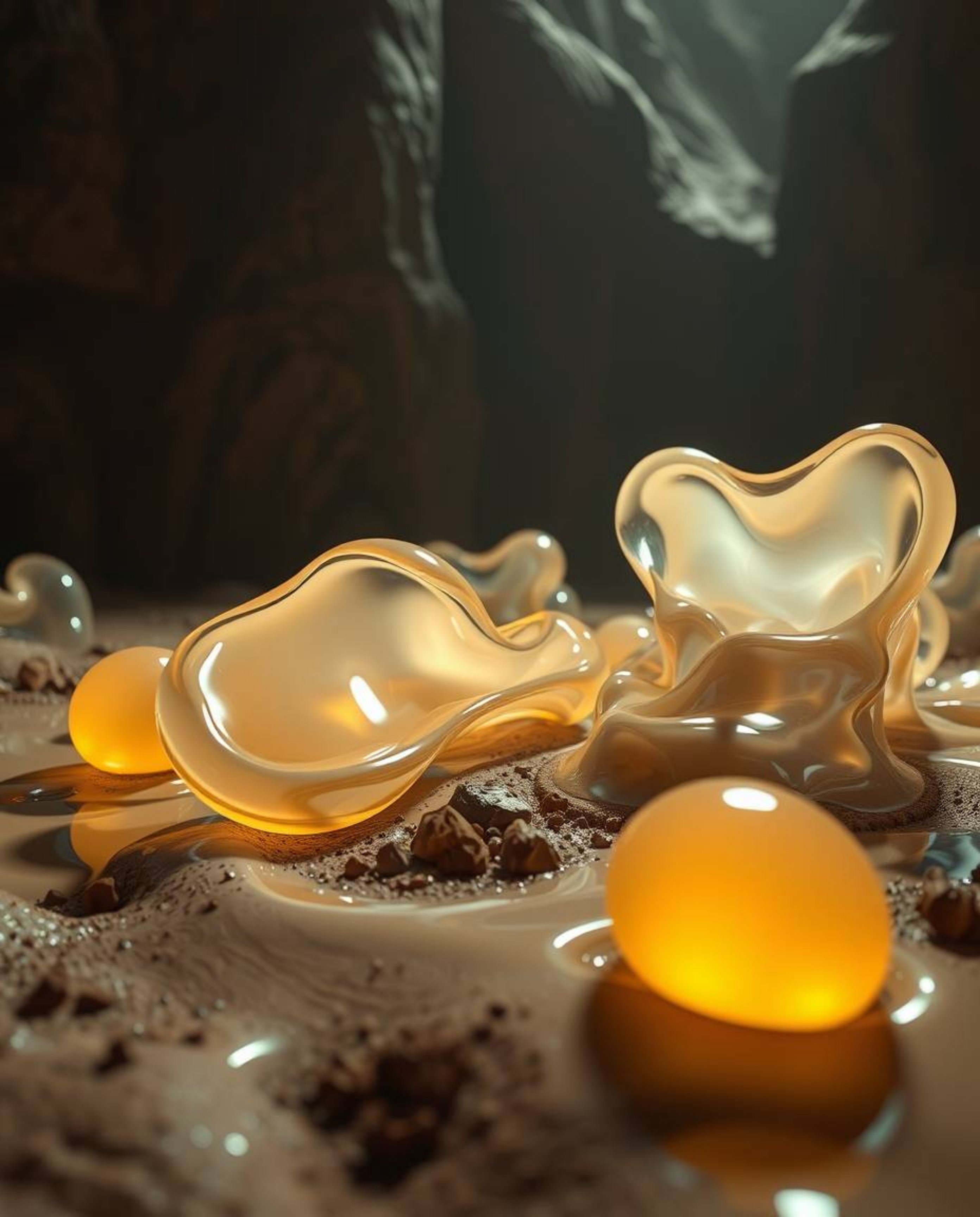 Explore a captivating visual journey where surreal 3D fluid shapes, reminiscent of melted glass, inhabit a hyperrealistic sci