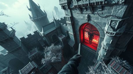 A thief attempts a daring infiltration into a heavily guarded castle, captured from a high-angle perspective with surreal inf