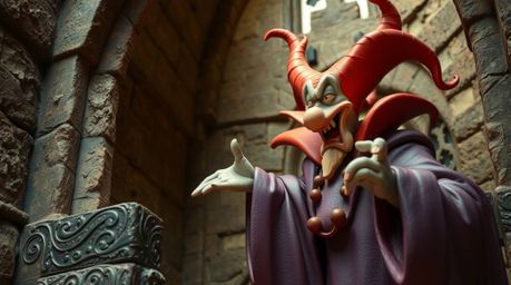 A vibrant and textured clay sculpture depicts a classic Disney villain casting a spell within the walls of an old castle. Th