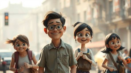 Capture the warmth and authenticity of a Pixar-style family reunion in an urban setting with this candid street photography i