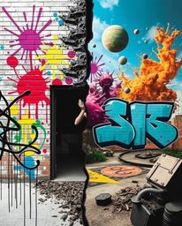 Explore a vivid and dreamlike surreal image showcasing graffiti-style colorful splashes on a brick wall. This street art aest
