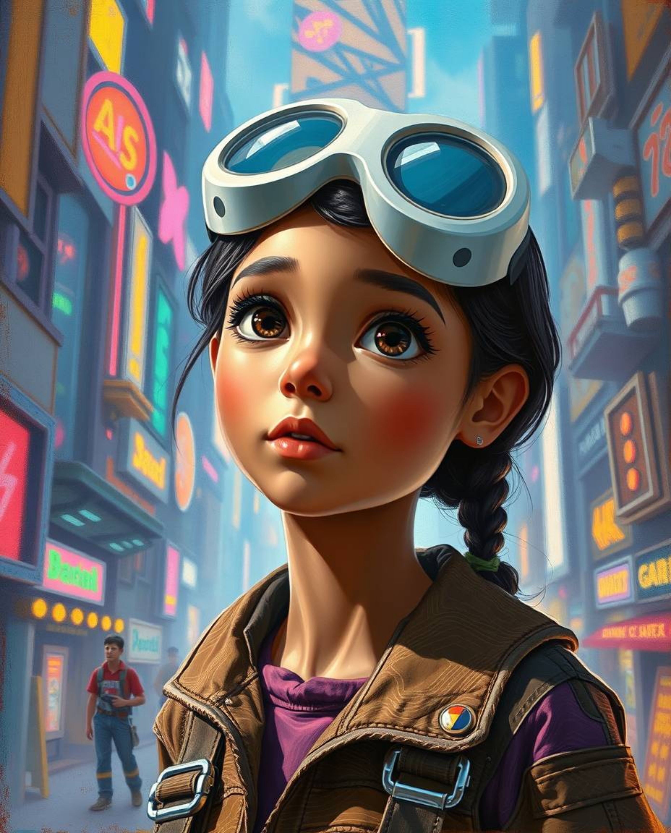 This captivating oil painting depicts a young inventor girl with refined features and light brown skin, immersed in a vibrant