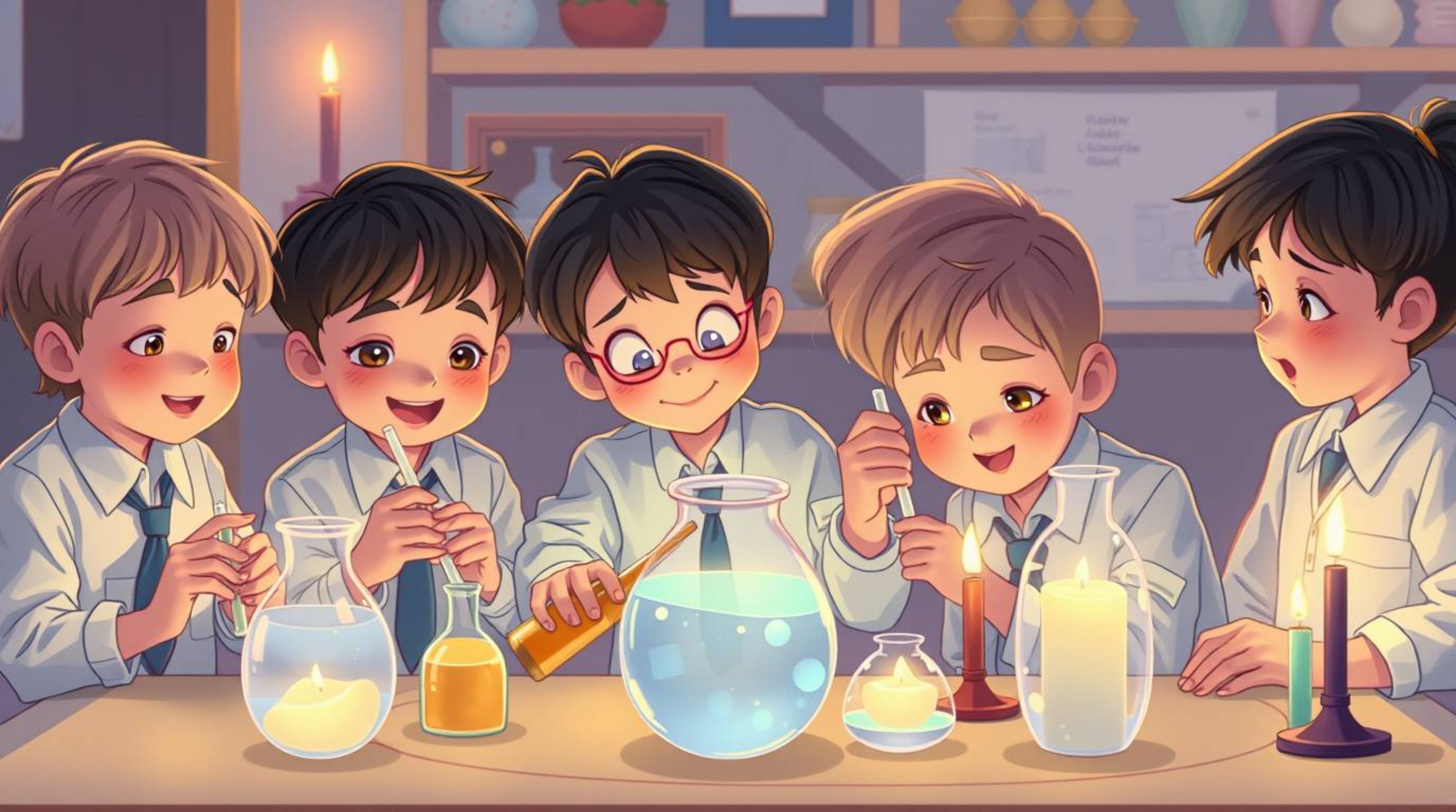 A captivating image depicting a group of quirky children in school uniforms conducting science experiments under the warm glo