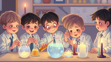 A captivating image depicting a group of quirky children in school uniforms conducting science experiments under the warm glo