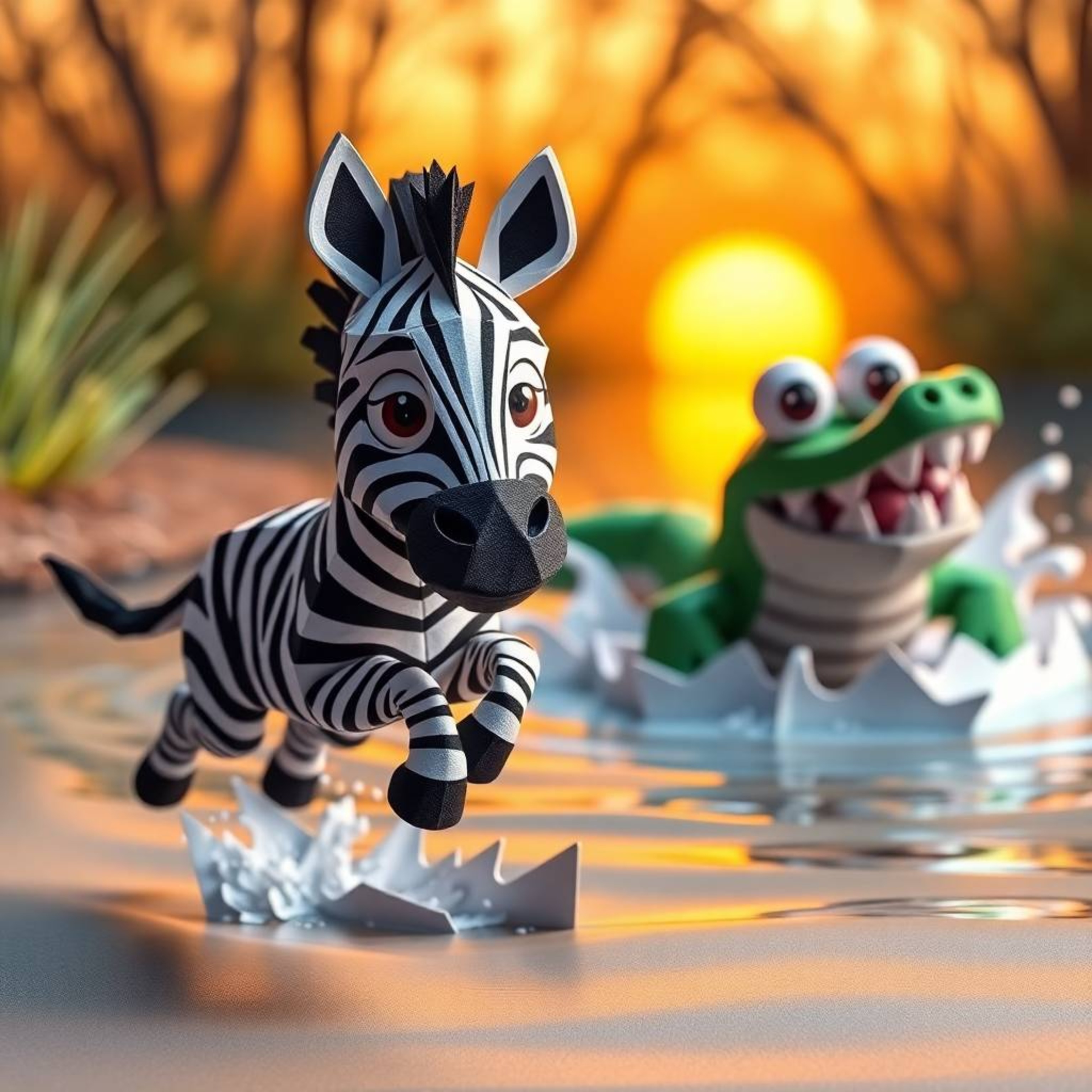 A 3D cartoon zebra with expressive eyes is captured in an intricate origami style, leaping towards a riverbank. The zebra, di