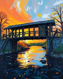 A bold acrylic painting of an old wooden bridge over a river at sunset. This piece is characterized by its use of strong hard