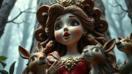 A regal princess with sculpted features sings majestically with forest animals in a vintage 2D animation style. The scene uti