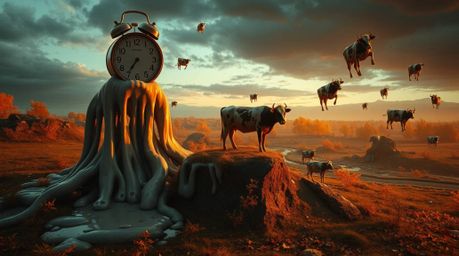 A captivating surreal dreamscape unfolds, featuring melting clocks and floating cows amidst warm autumnal hues.  Intense dram