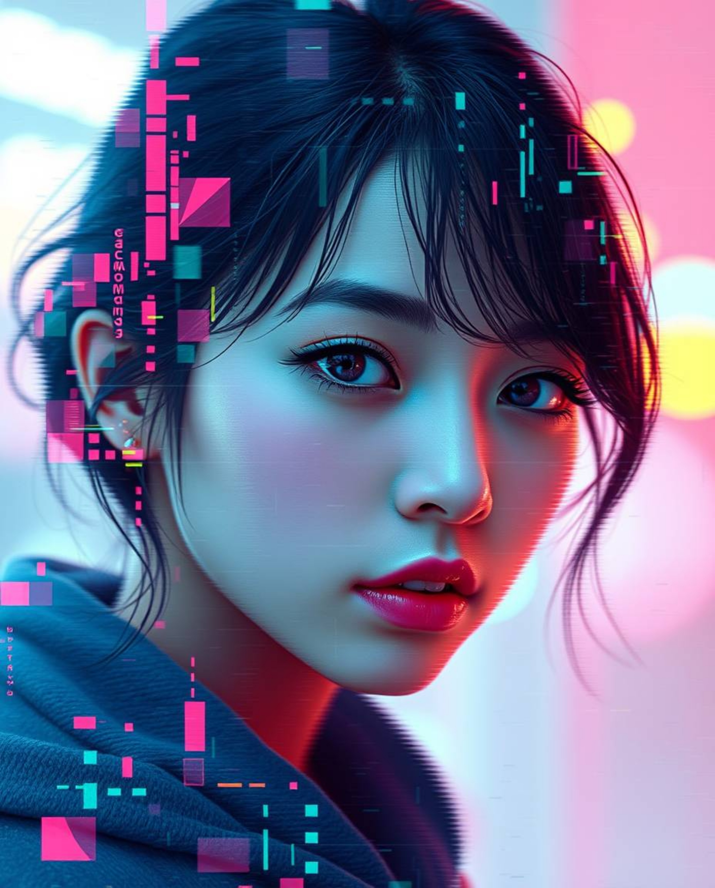 Discover stunning high-resolution digital glitch art portraits.  These pieces feature a corrupted data aesthetic, pixelated s