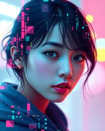 Discover stunning high-resolution digital glitch art portraits.  These pieces feature a corrupted data aesthetic, pixelated s