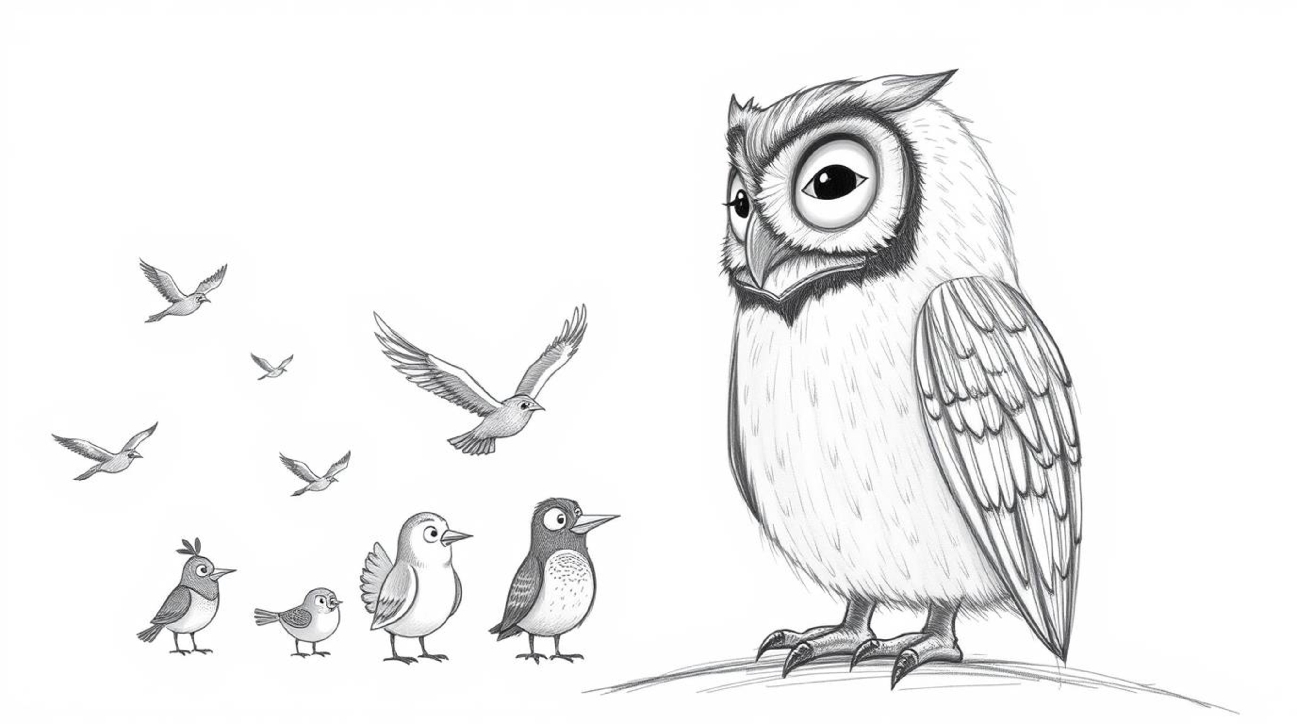 A heartwarming hand-drawn sketch in the Pixar style depicts a wise, blind owl teaching a diverse classroom of birds to fly at