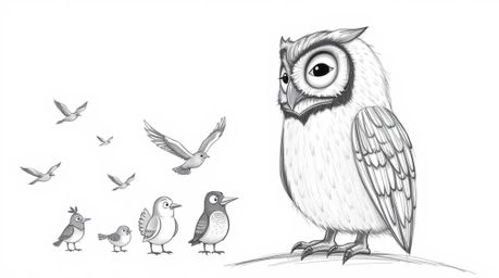 A heartwarming hand-drawn sketch in the Pixar style depicts a wise, blind owl teaching a diverse classroom of birds to fly at