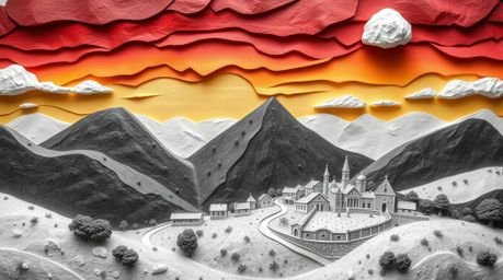 A classic black and white image depicts a cozy village nestled in a valley, bathed in the glow of a vibrant, colorful sky.  T
