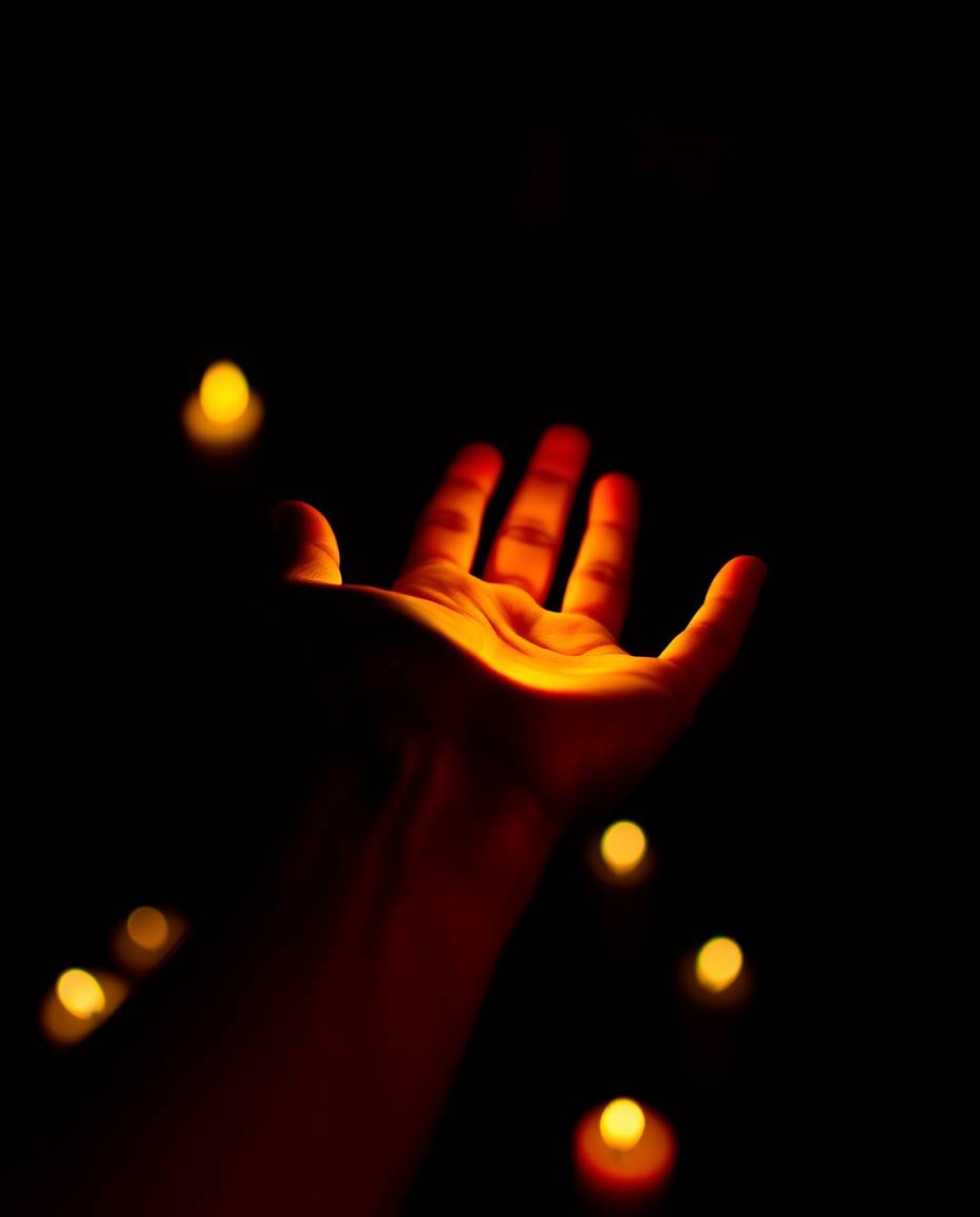 A compelling image featuring a hand reaching towards light emanating from the darkness, illuminated by warm candlelight. The 