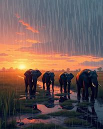 This illustration provides a high-angle perspective of a wet, rainy scene featuring elephants walking across a field at sunse