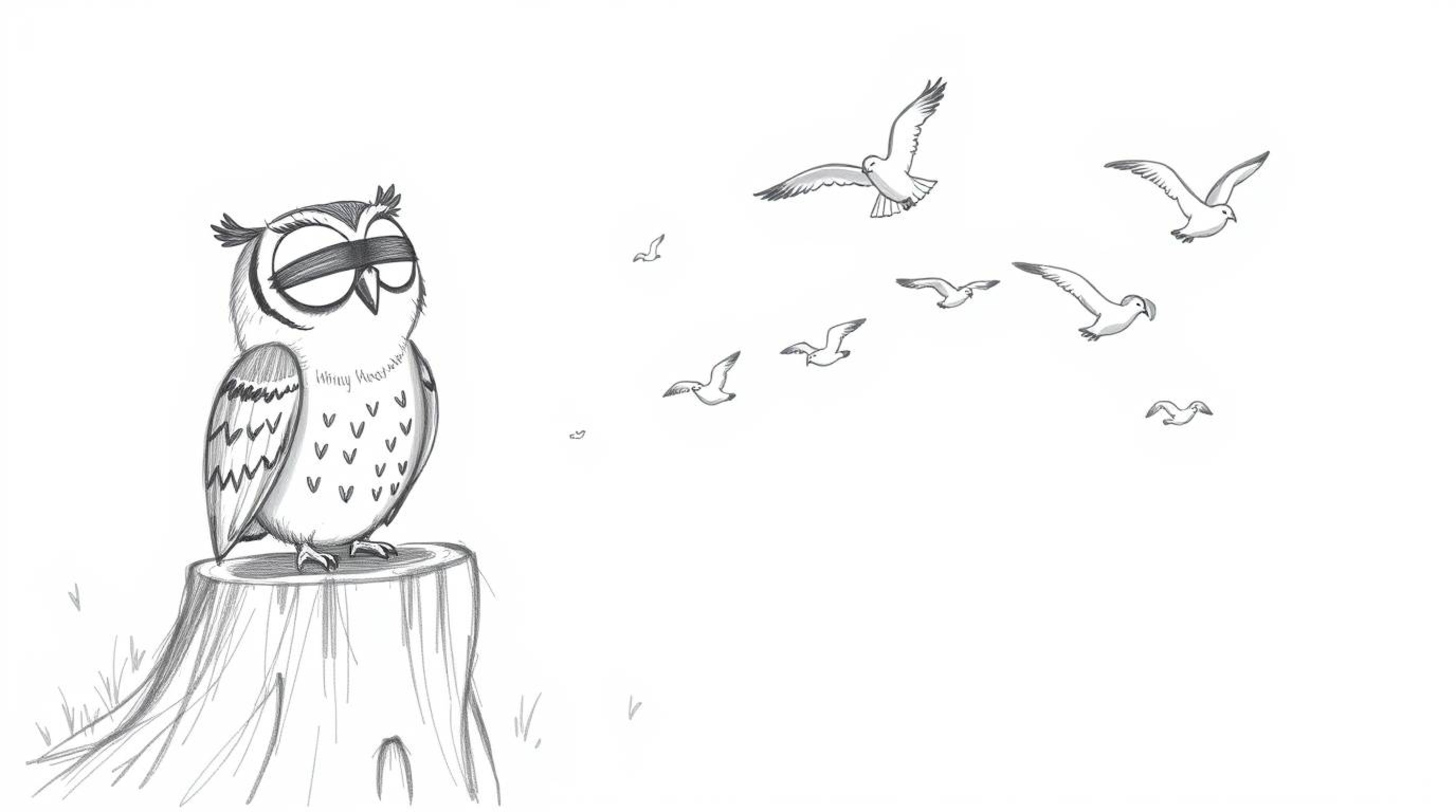 A heartwarming hand-drawn sketch inspired by Pixar animation depicts a blind owl with a cheerful expression, perched on a tre