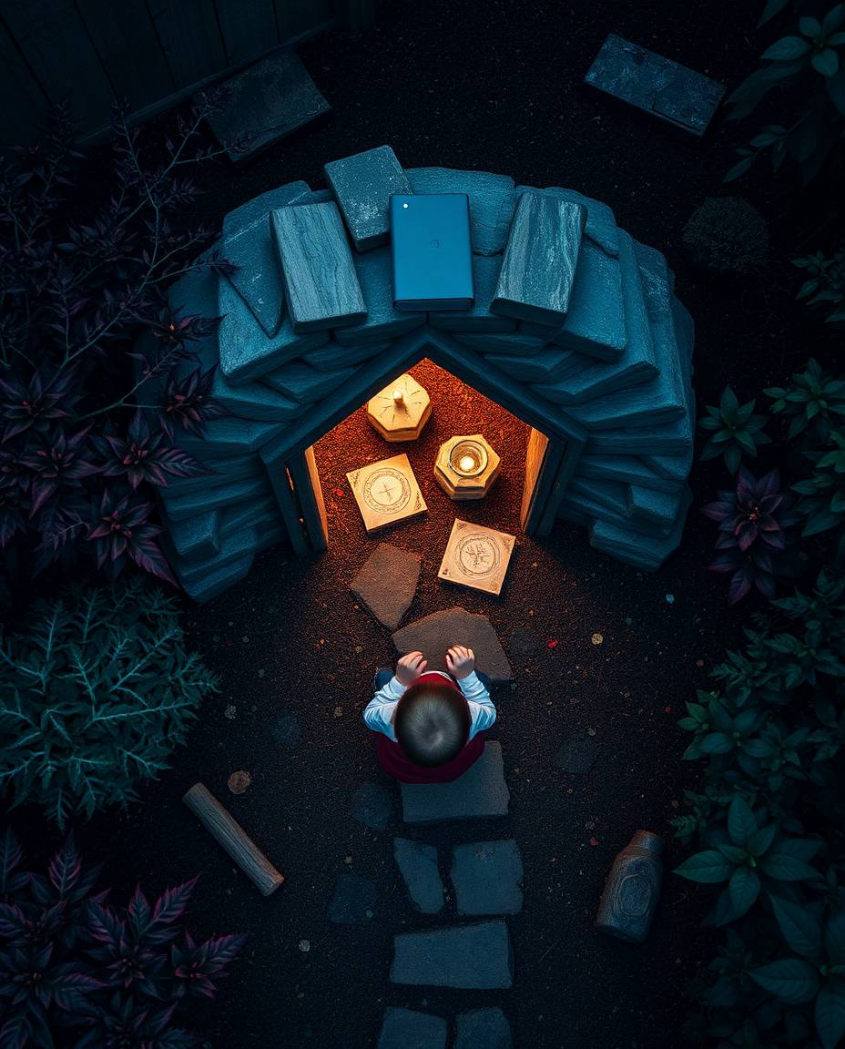 An overhead bird's-eye view captures the wonder of a child discovering a magical portal in their own backyard. The scene is r