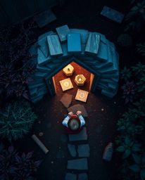 An overhead bird's-eye view captures the wonder of a child discovering a magical portal in their own backyard. The scene is r