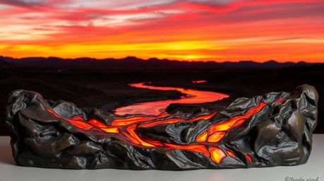 This stunning cast bronze sculpture depicts a river delta bathed in the warm, glowing hues of twilight.  The piece showcases 