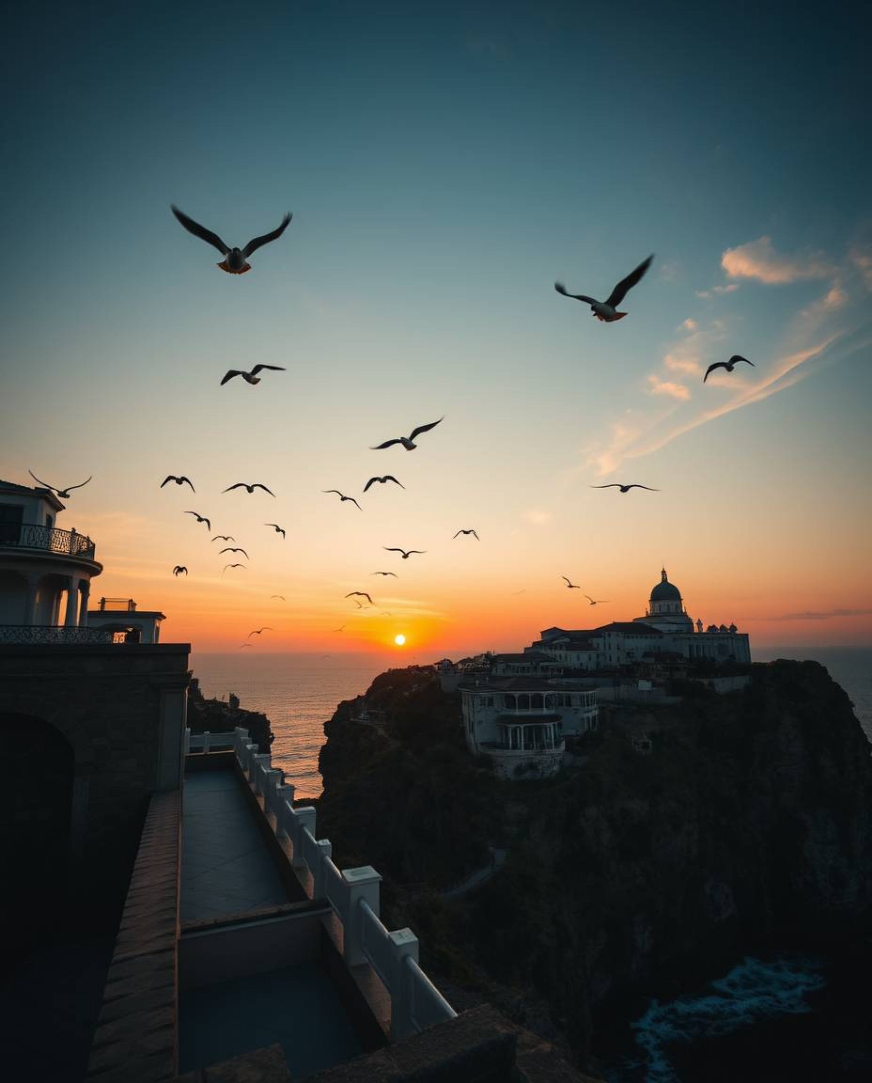 A precise architectural color photograph captures a sunset over a coastal cliff with soaring birds, presented in a dramatic c