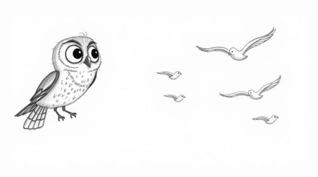 A heartwarming, hand-drawn sketch in the style of Pixar portrays a blind owl with gentle, expressive eyes guiding a flock of 