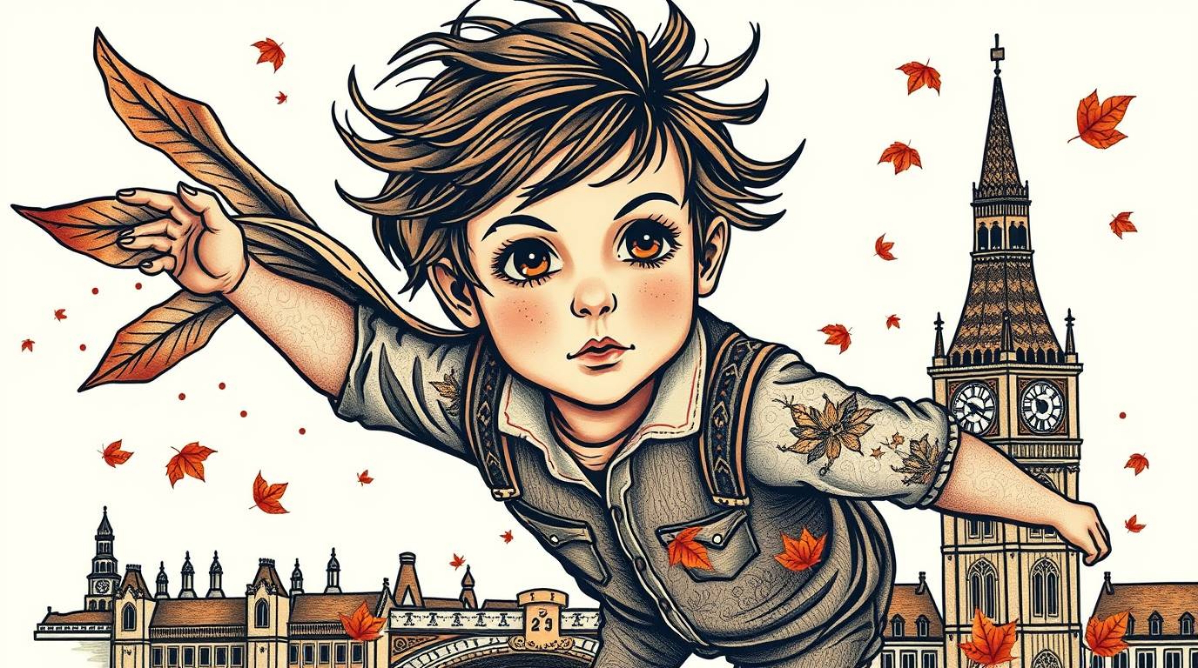 A symbolic traditional tattoo art print showcasing a young boy with captivating dark eyes and windswept hair, soaring above L