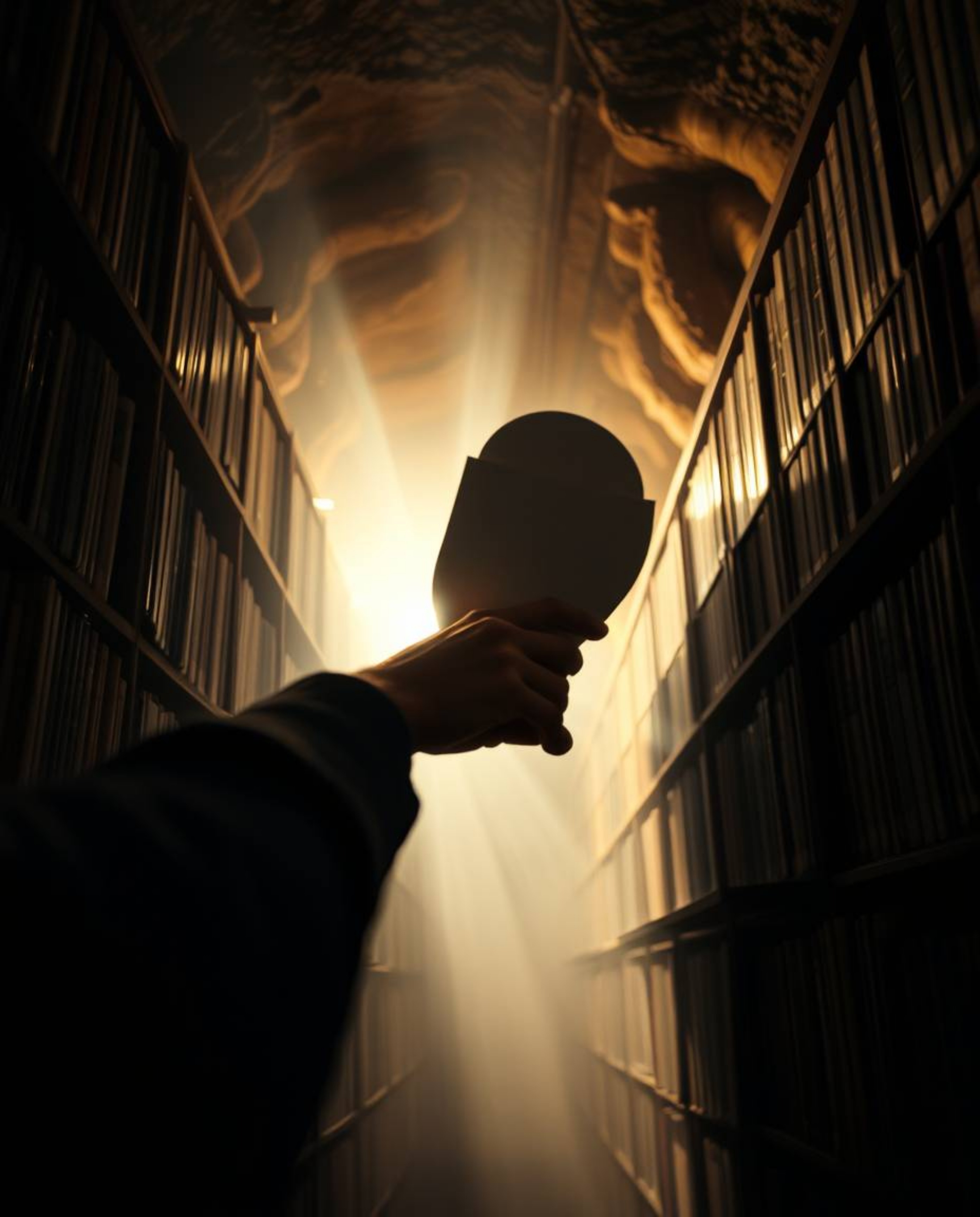A captivating close-up shot captures the awe-inspiring moment of a person's discovery of a hidden underground library. The sc