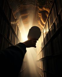 A captivating close-up shot captures the awe-inspiring moment of a person's discovery of a hidden underground library. The sc