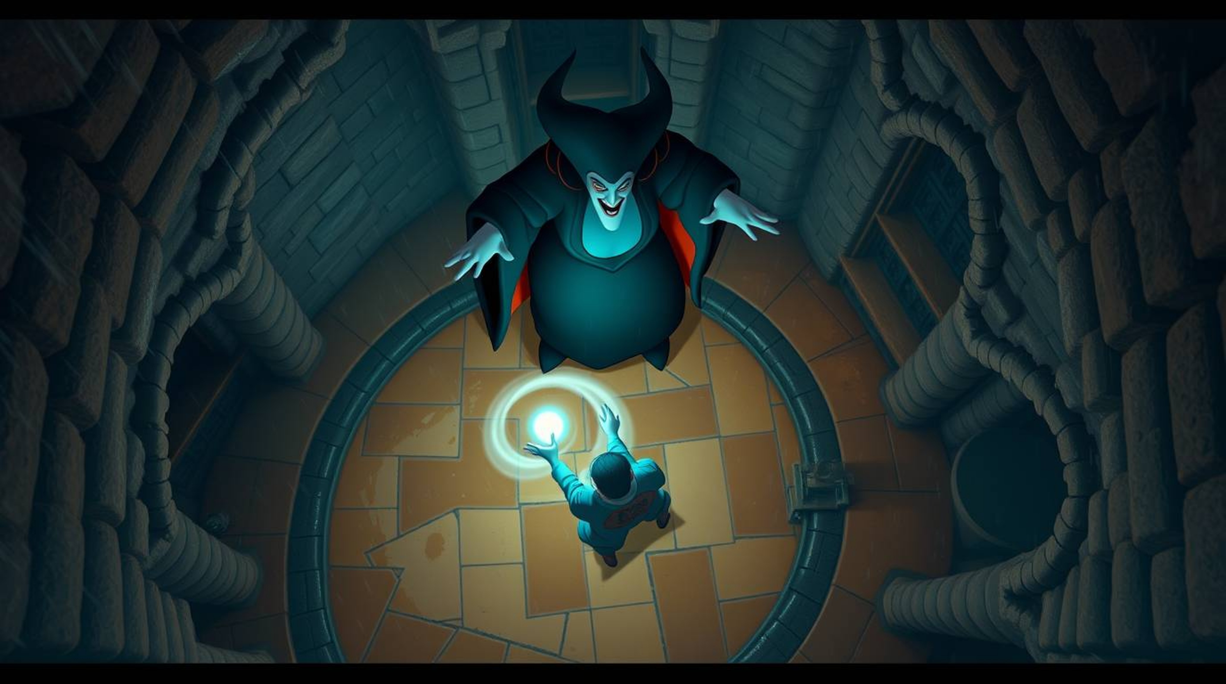 An overhead shot captures a classic Disney villain casting a spell within a stone castle during a captivating rainy scene.  T