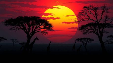 A captivating isekai-style anime illustration showcases a haunting sunset over a vast savanna.  Silhouetted giraffes stand ag