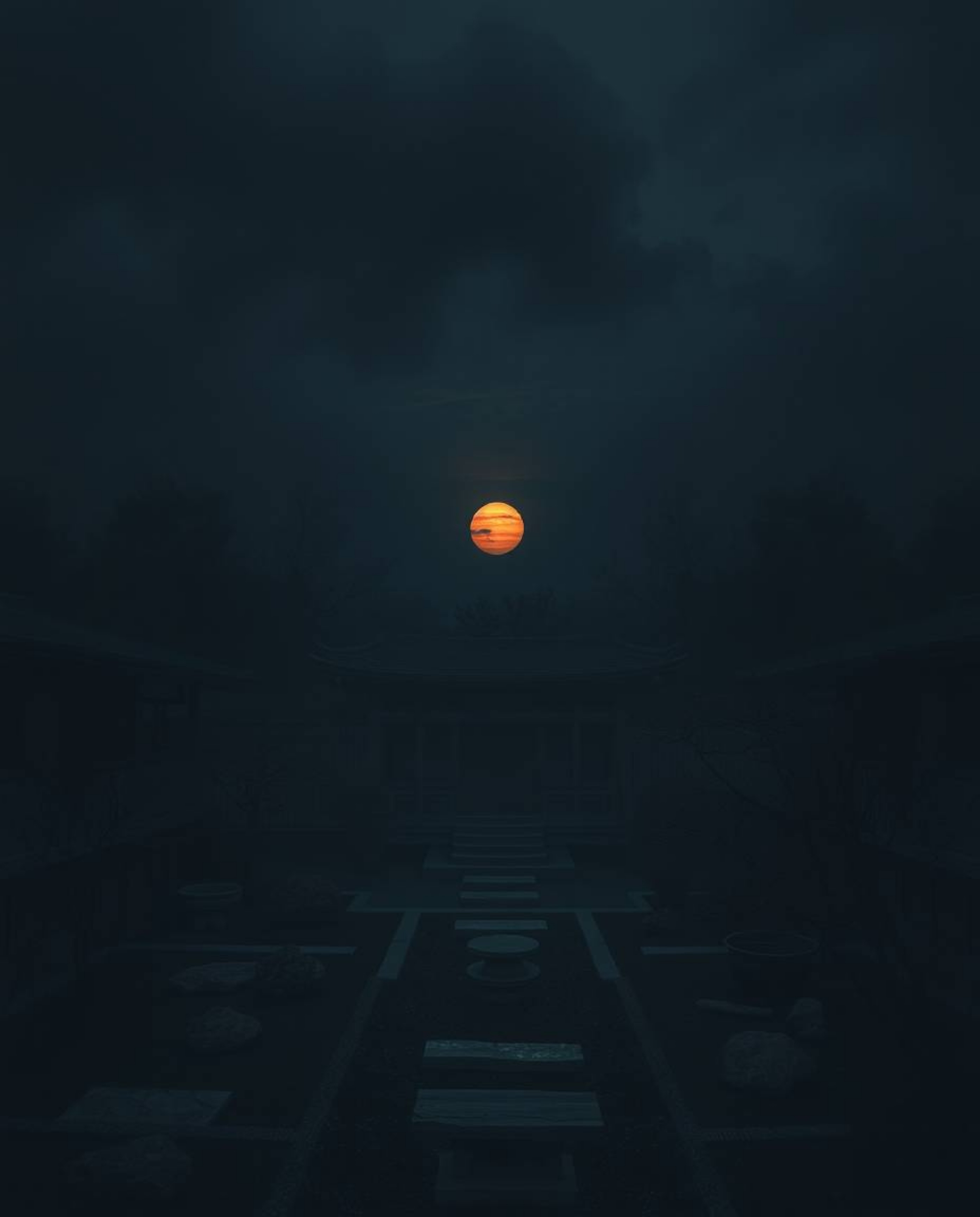 Experience an eerie and atmospheric photograph of a serene Zen garden at sunset. Rendered in dark, muted tones with unsettlin