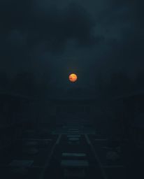Experience an eerie and atmospheric photograph of a serene Zen garden at sunset. Rendered in dark, muted tones with unsettlin