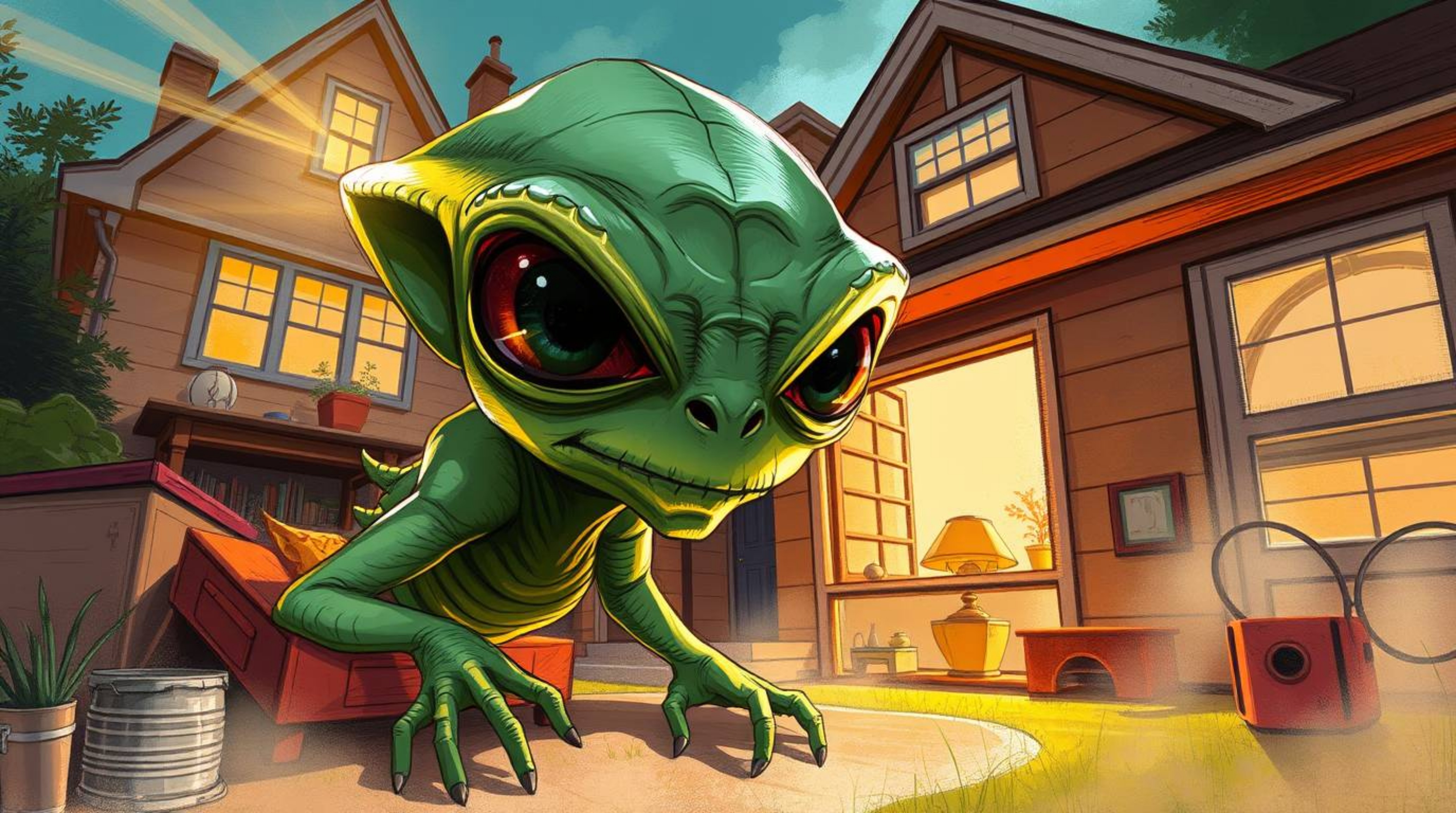 A dynamic digital sketch portrays an alien with scaly green skin and large, expressive eyes, unexpectedly residing in a subur